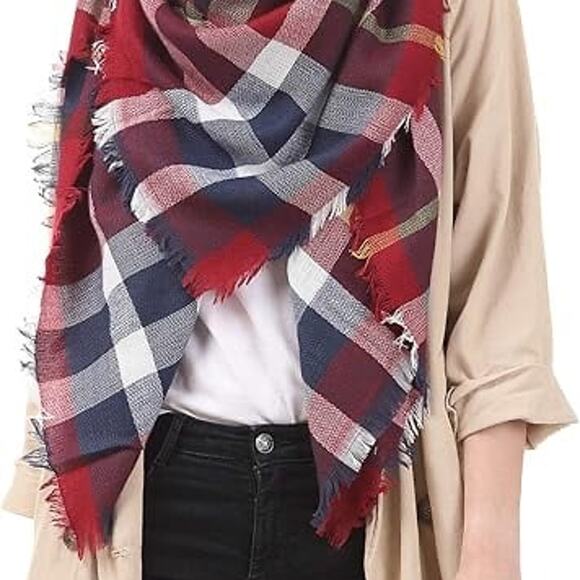 Plaid Autumn/Fall Maroon Green Yellow Blanket Scarf Wrap and Shawl - Picture 1 of 7